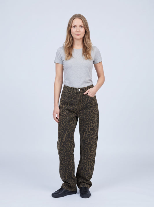 Jeans dam med leopardmönster | Vida raka ben | Hög midja | Lång och avslappnad passform
