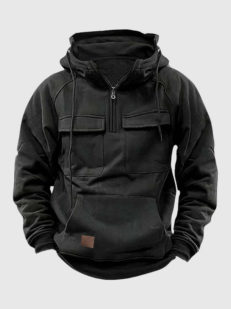 Hoodie herr med halv dragkedja och tjockt foder | Två bröstfickor med lock | Känguruficka och raglanärmar