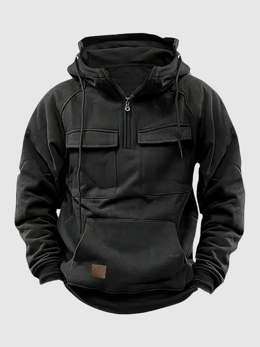 Hoodie herr med halv dragkedja och tjockt foder | Två bröstfickor med lock | Känguruficka och raglanärmar