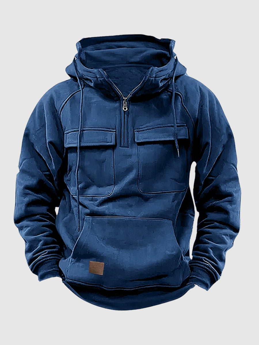 Hoodie herr med halv dragkedja och tjockt foder | Två bröstfickor med lock | Känguruficka och raglanärmar