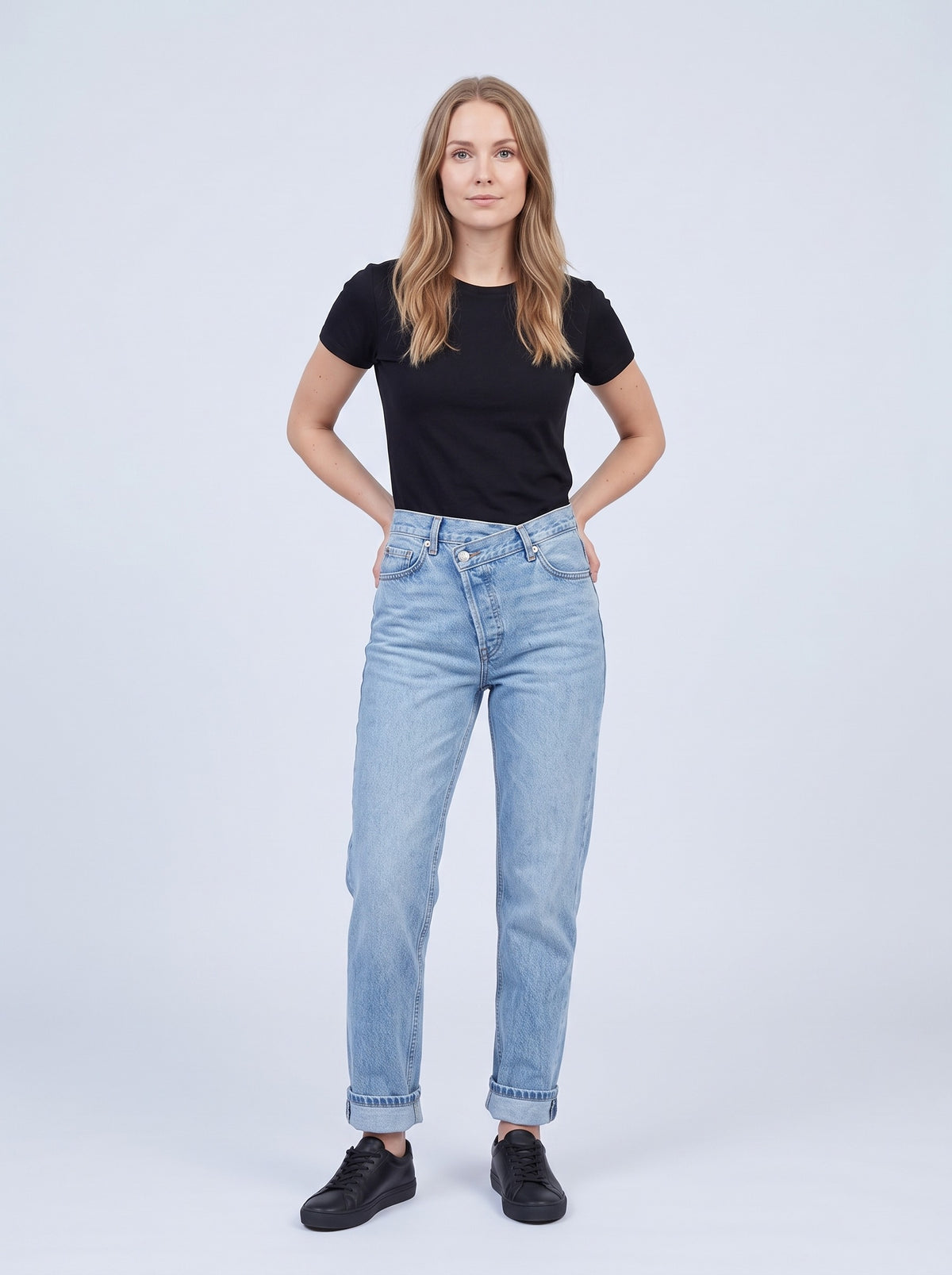 Raka jeans dam med korsad linning