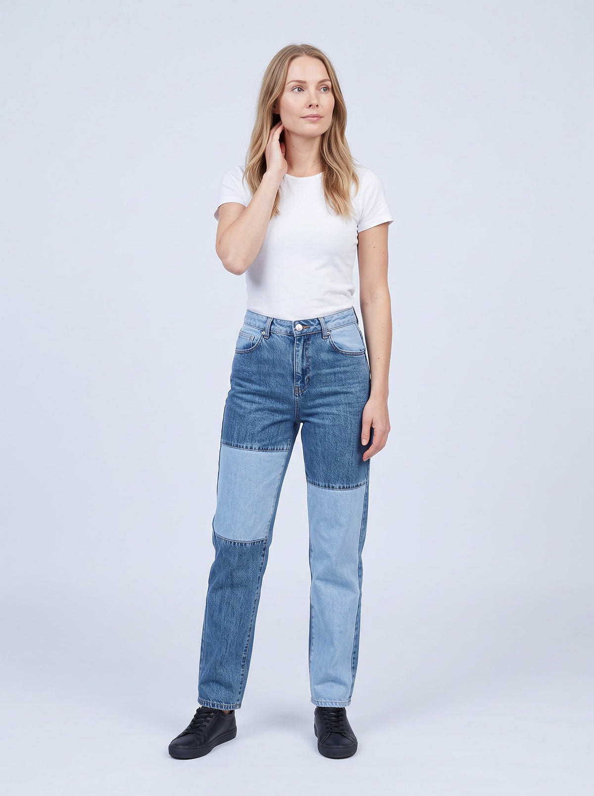 Raka patchworkjeans dam med hög midja