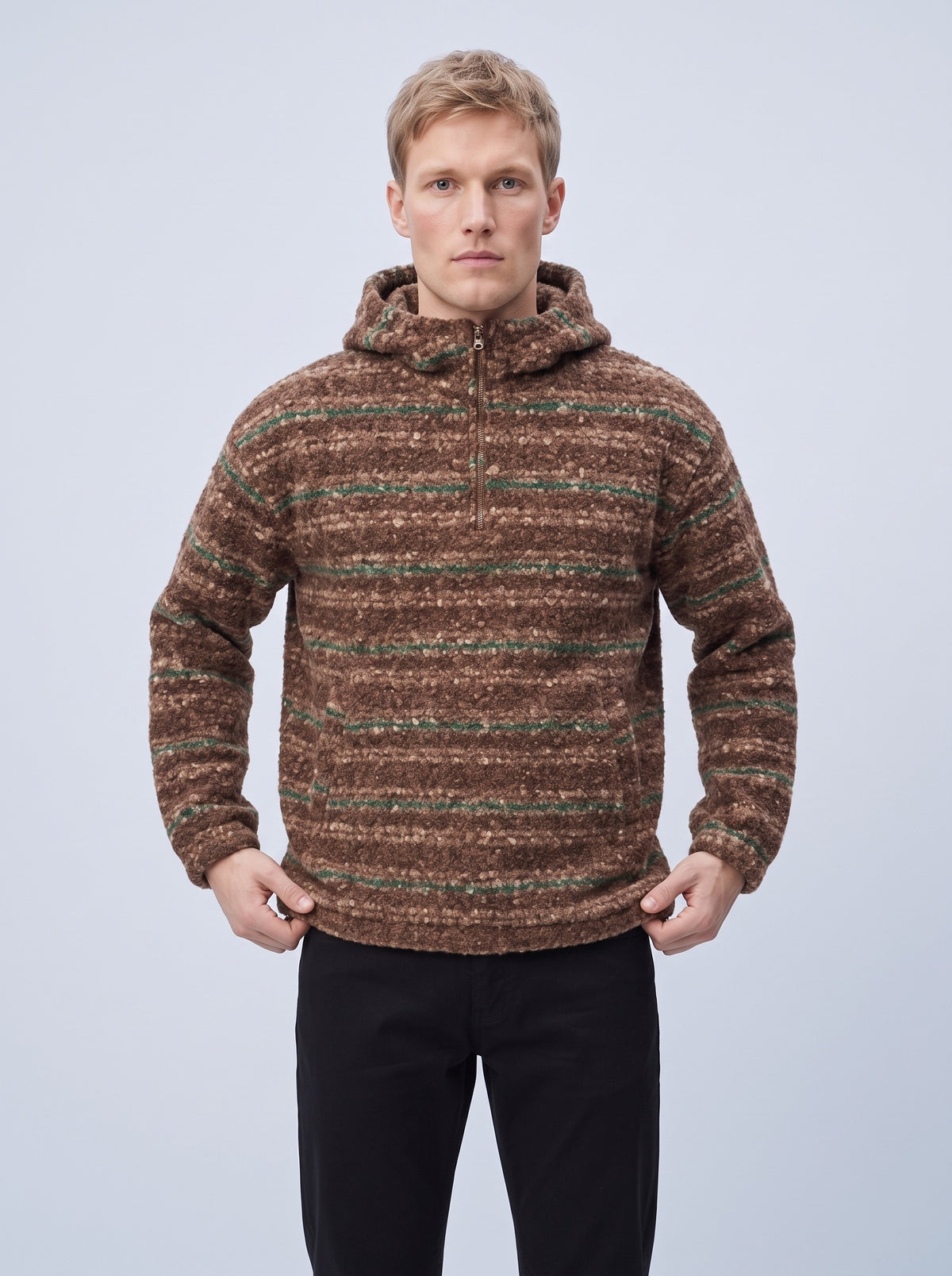 Randig stickad hoodie herr med kängurufficka