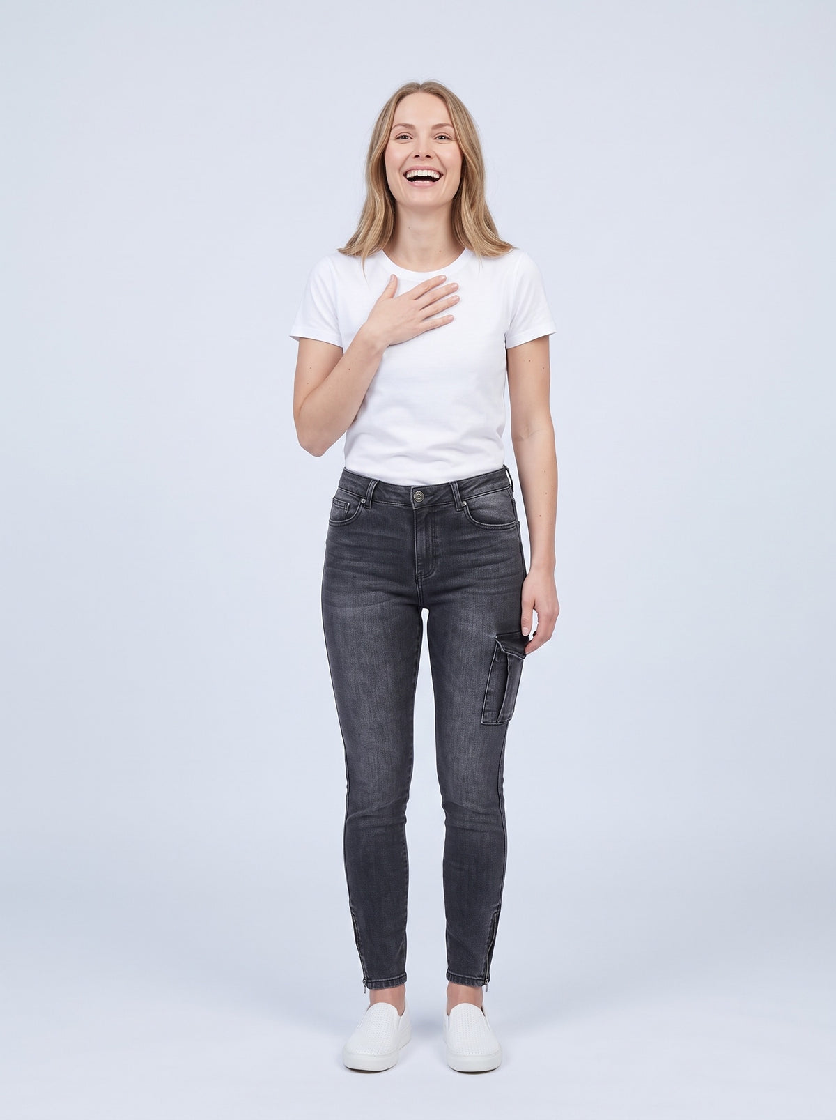 Skinny cargojeans dam med benficka