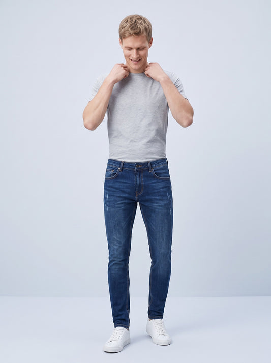 Skinny jeans herr med stretch | Smal passform hela vägen ner | Klassisk femficksmodell med knapp och gylf