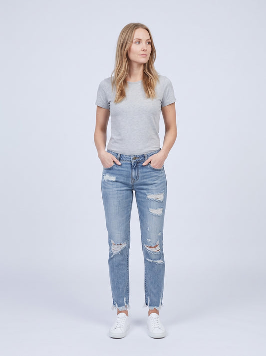 Slitna jeans dam med hög midja | Fransad fåll | Hål på lår och knän | Smal passform i ankellängd