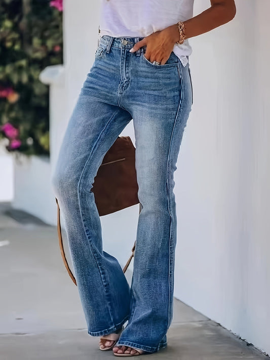 Utsvängda jeans dam med hög midja | Långa ben med vid fåll | Smal över höft och lår | Femficksmodell