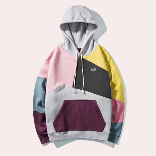 Hoodie herr med asymmetriska färgblock | Huva med dragsko | Nedsänkta axlar och ribbade muddar vid ärmar och nederkant