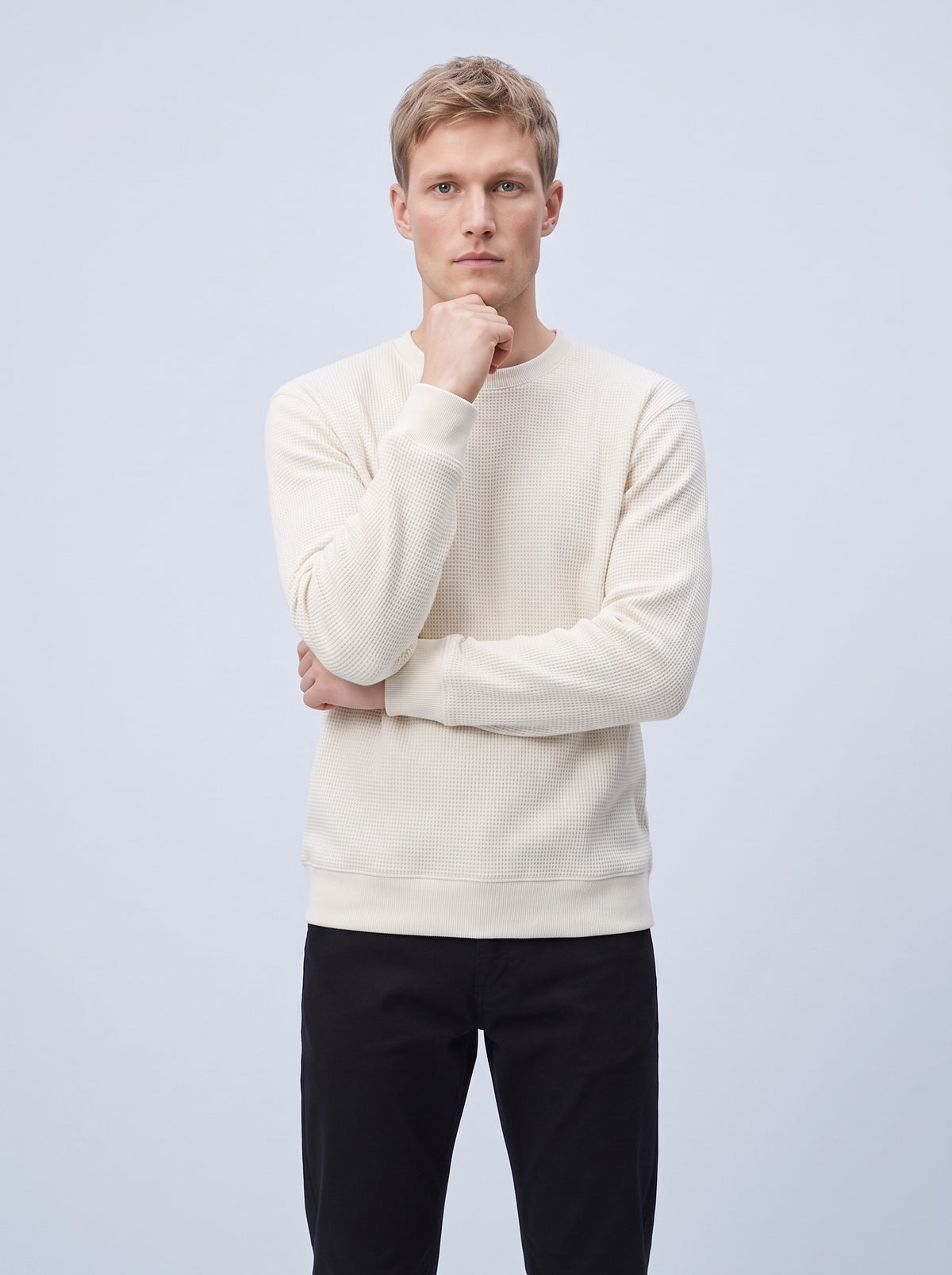 Våffelstickad sweatshirt herr med knappslå