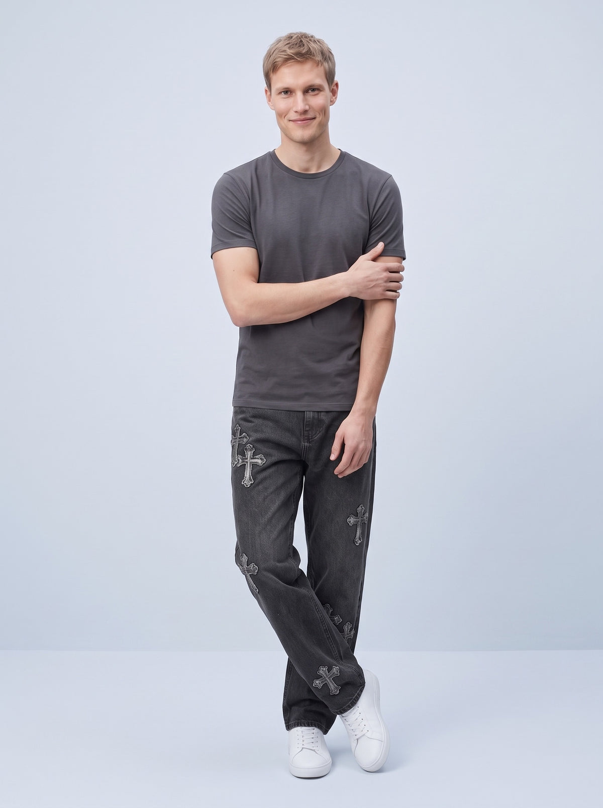 Vida jeans herr med korsapplikationer och låg gren